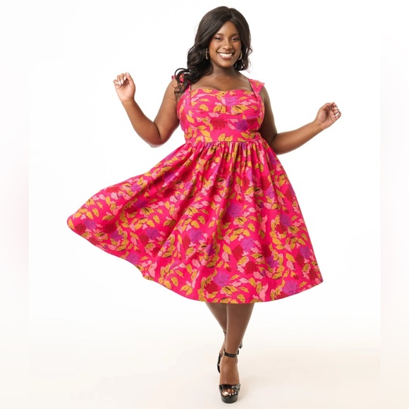 Unique Vintage Dresses & Skirts - IN SEARCH OF…Unique Vintage 1950s Red & Pink Tropical Floral Swing Dress, XL